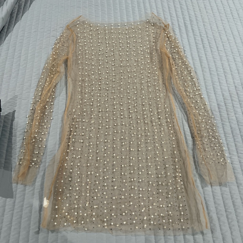 SHEIN Beige Pearl-Embellished Mesh Swim Coverup